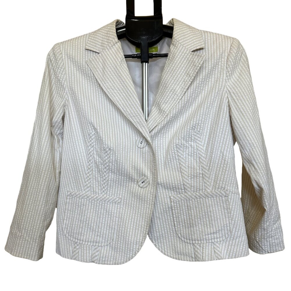 Sigrid Olsen Women's Seersucker Suit in Tan and White Stripe, Size 10